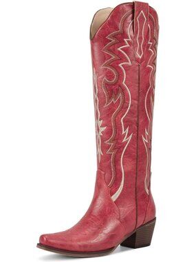 Women's Red Rubber Knee High Cowgirl Classic Retro Embroidered Tall Heel Boots